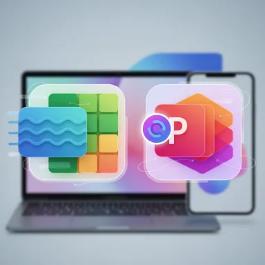 Colorful app icons float above a laptop and phone, signaling cross-device apps.