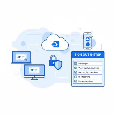 Cloud-based sign-out workflow showing a 5-step IT offboarding process.