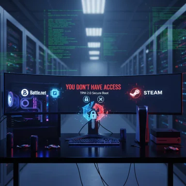 An ultrawide monitor in a dim data center shows an “YOU DON’T HAVE ACCESS” screen with Steam and Battle.net logos.