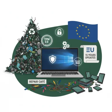 Laptop amid e-waste with EU flag, TPM 2.0, Secure Boot icons, and a Repair Café sign.