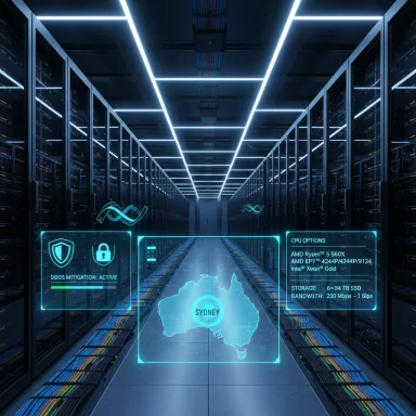 Neon-lit data center corridor with holographic displays showing a Sydney map and security status.