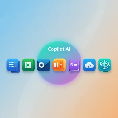 Row of colorful app icons on a soft gradient background featuring Copilot AI.