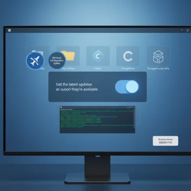 A computer monitor displaying a Windows-like dashboard with app icons and a prominent update toggle.