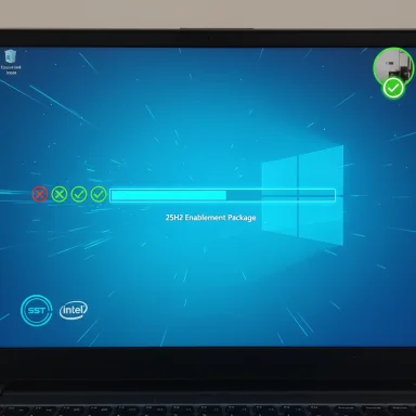 Windows 10 boot screen with a progress bar for the 25H2 Enablement Package and green check icons.