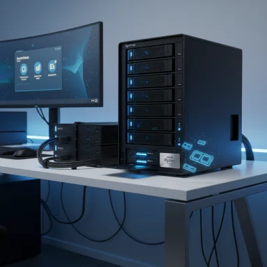 A Synology NAS server with multiple drive bays and blue LEDs on a desk.