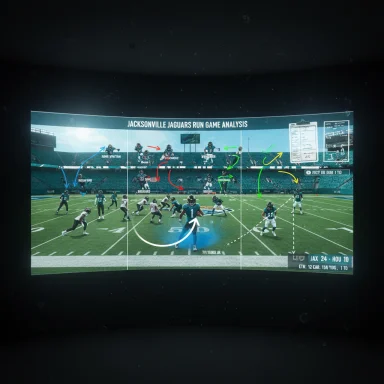 Jacksonville Jaguars run game analysis shown on a curved display with players and route arrows. Jacksonville Jaguars run game analysis shown on a curved display with players and route arrows.