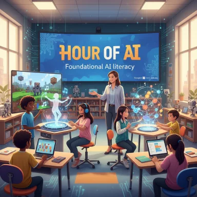 Children in a futuristic classroom explore AI with holographic projections and laptops.