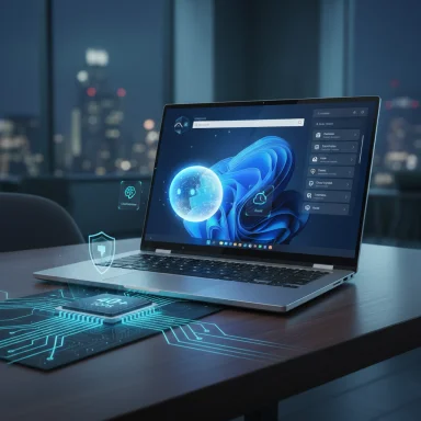 Futuristic laptop on a desk with holographic circuits and a glowing security UI. Futuristic laptop on a desk with holographic circuits and a glowing security UI.
