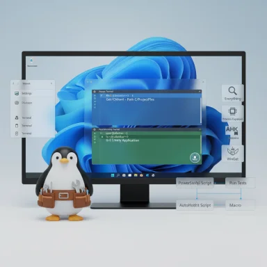 Tux the penguin with a tool belt stands before a Windows-style desktop with floating app windows. Tux the penguin with a tool belt stands before a Windows-style desktop with floating app windows.