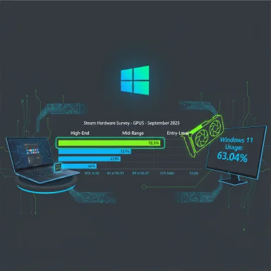 Futuristic infographic showing Windows 11 usage (63.04%) and a GPU-tier chart on a circuit-themed backdrop. Futuristic infographic showing Windows 11 usage (63.04%) and a GPU-tier chart on a circuit-themed backdrop.