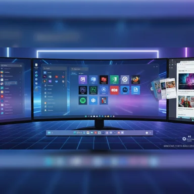 A futuristic triple-monitor curved ultrawide Windows 11 workspace with glowing app icons.