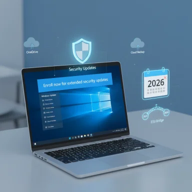 Laptop displays a 'Security Updates' banner with holographic security icons and a 2026 calendar.