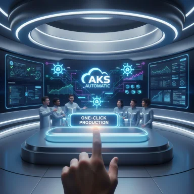 A futuristic control room with a glowing One-Click Production button and engineers around holographic dashboards.