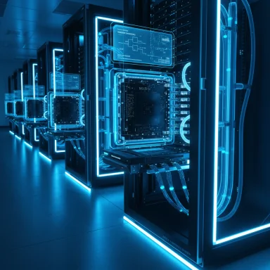 Row of neon blue-lit server cabinets in a high-tech data center.