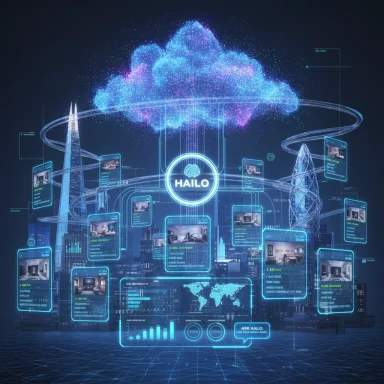 A futuristic holographic cloud network with a glowing HAILO hub above a neon city. A futuristic holographic cloud network with a glowing HAILO hub above a neon city.