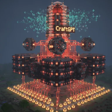 Giant red Minecraft tower labeled 'CraftGPT', with glowing blocks, orbital arms, and a neon-lit base.