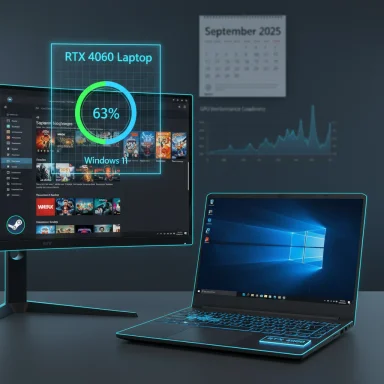 RTX 4060 laptop shown with Windows 11 and a glowing cyan HUD overlay.