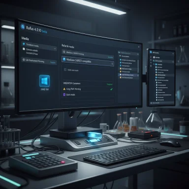 A futuristic lab workstation with curved monitors displaying software and glassware on the bench.