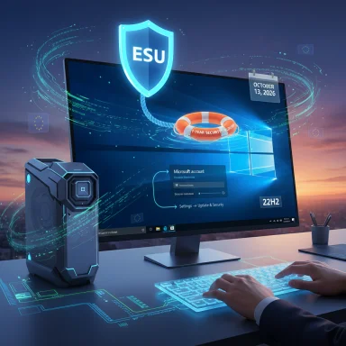 Futuristic cybersecurity desk with a glowing ESU shield above the monitor and holographic security graphics.