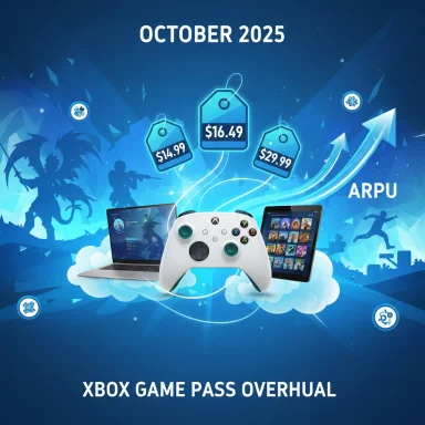 Promotional poster for Xbox Game Pass Overhaul (October 2025) showing devices and price tags.