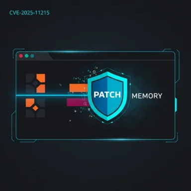 Futuristic cybersecurity banner featuring a shield labeled 'PATCH MEMORY' and the CVE-2025-11215 tag.