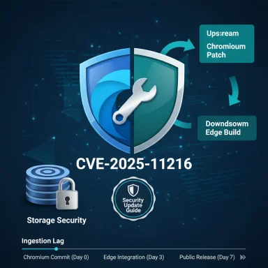 CVE-2025-11216: infographic showing upstream Chromium patch flow to Edge and storage security.