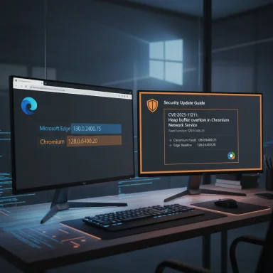 Two monitors display Edge/Chromium versions alongside a security update guide in a dark office. Two monitors display Edge/Chromium versions alongside a security update guide in a dark office.