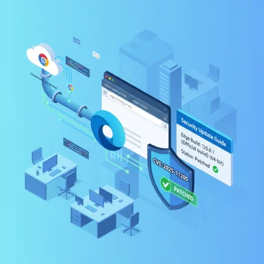 Isometric illustration of IT security patching with shield, update guide, and code flowing to servers.