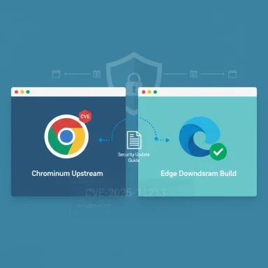 Illustration showing Chromium Upstream on the left and Edge Downstream Build on the right with a Security Update Guide.
