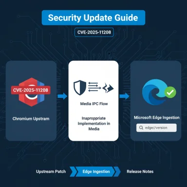 Security Update Guide: CVE-2025-11208 flow from Chromium Upstream through Media IPC to Edge ingestion.