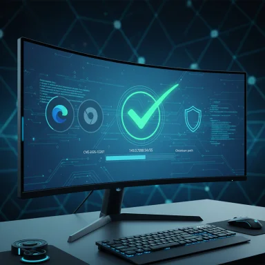 Curved monitor on a desk displays a glowing green checkmark with security icons and code. Curved monitor on a desk displays a glowing green checkmark with security icons and code.