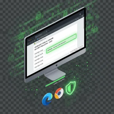 A computer monitor displays a Microsoft Edge & Chrome security bulletin in progress amid neon green cyber graphics.