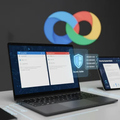Futuristic laptops display holographic security updates against a colorful Google logo. Futuristic laptops display holographic security updates against a colorful Google logo.