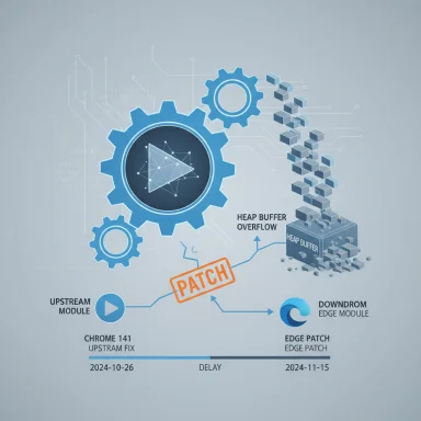 Infographic showing a patch workflow for heap buffer overflow across upstream and edge modules.