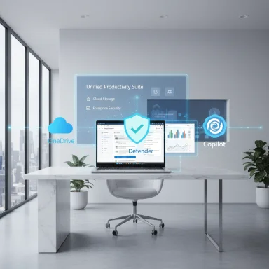 Modern office with a laptop and holographic display showing the Unified Productivity Suite.