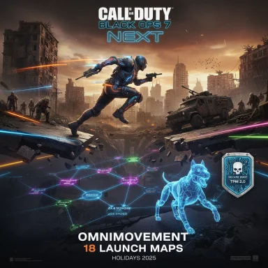 Call of Duty: Black Ops 7 Next promo; neon-lit battle as a soldier leaps over ruined city with a holographic dog.