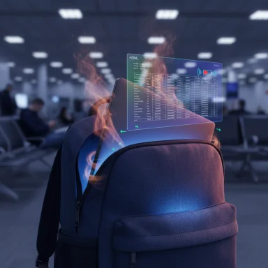 A holographic data display emerges from an open backpack in a busy, futuristic terminal.