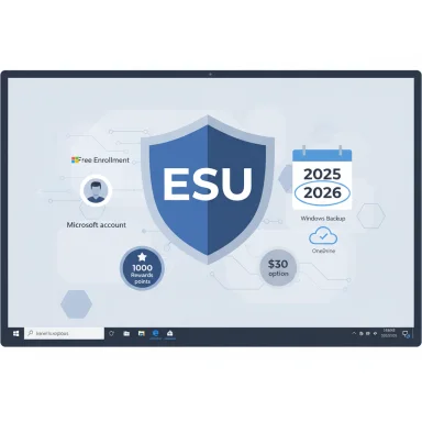 A computer monitor shows an ESU shield infographic with backup dates and rewards.