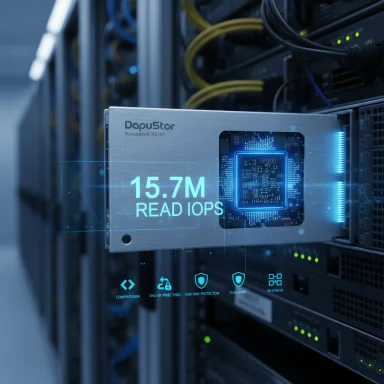 A data center server rack featuring a DapuStor storage unit displaying 15.7M read IOPS.