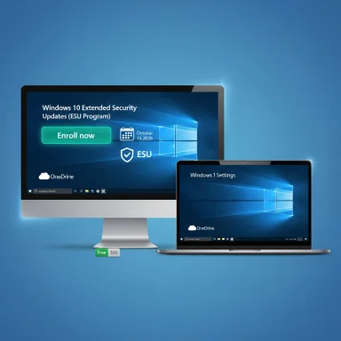 A desktop and a laptop display Windows 10 ESU enrollment promo and Windows settings.