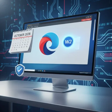 A desktop monitor on a desk displays a software logo, calendar, and shield icon against a blue circuit backdrop.