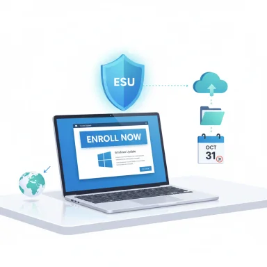 Laptop displays an 'Enroll Now' ESU banner, linked to cloud backup and an Oct 31 calendar.