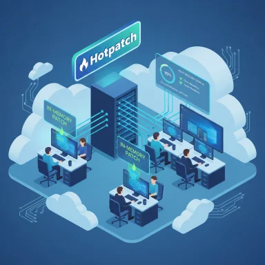 Isometric cloud data center with teams deploying in-memory patches under Hotpatch.