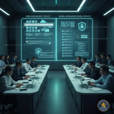 A futuristic conference room with split holographic screens labeled Web- and M365-Copilot.