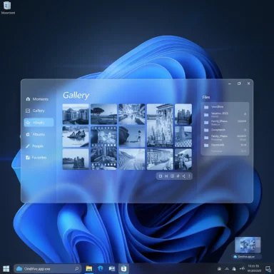 Windows 11 desktop with a translucent Gallery window showing photo thumbnails and a files pane.