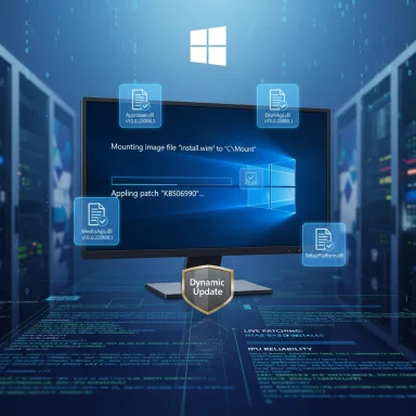 Windows update progress on a monitor with floating DLL icons in a data center.