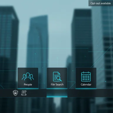 Futuristic digital dashboard over a blurred city skyline, showing People, File Search, and Calendar icons.