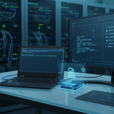 A futuristic server-room workstation with a laptop and monitor showing code, plus holographic install prompts.