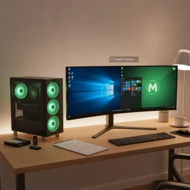 Modern desk setup with a green-lit PC tower, ultrawide monitor, keyboard, notebook, coffee, and a plant.