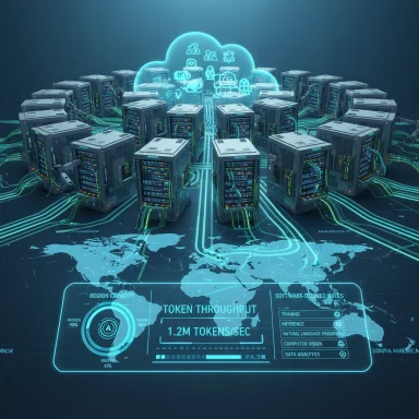 Futuristic data center with neon server racks circling a glowing cloud illustrating token throughput.